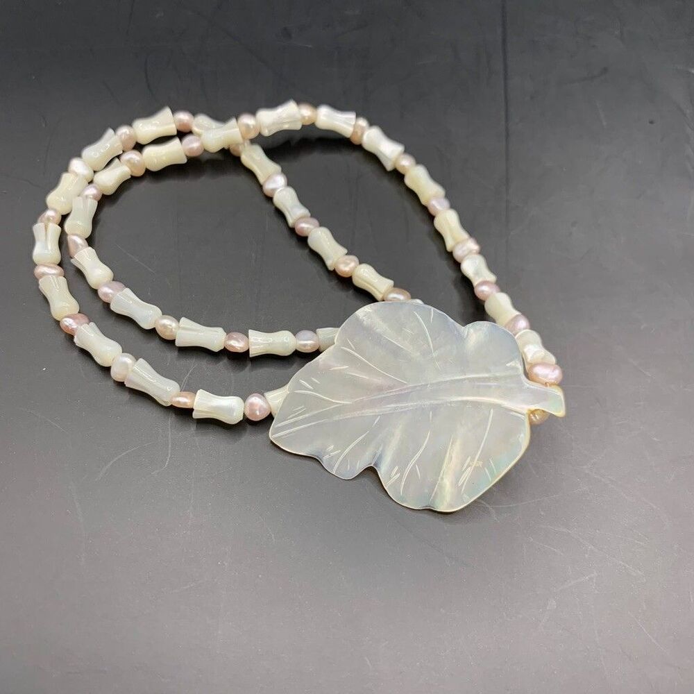Vintage Artisan Mother of Pearl Leaf Necklace Beaded Toggle Clasp Retro White